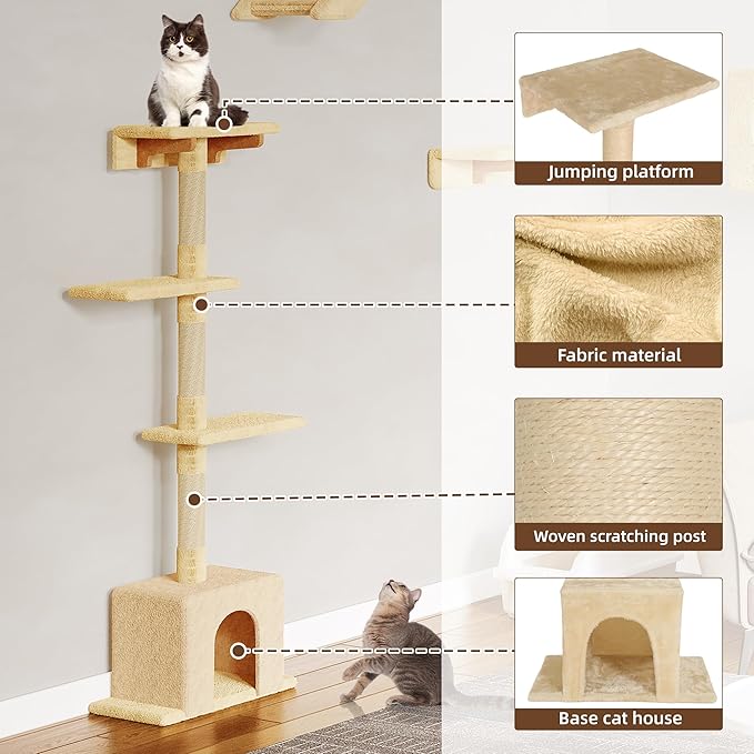 20-in-1 Cat Wall Shelves, Wall Mounted Pet Furniture w/Plush Fabric, Cat Climbing Wall System, 63'' Cats Tower w/Scratching Posts, Cats Shelf with 40''L Tunnel, Condos, House, Step and Ladder