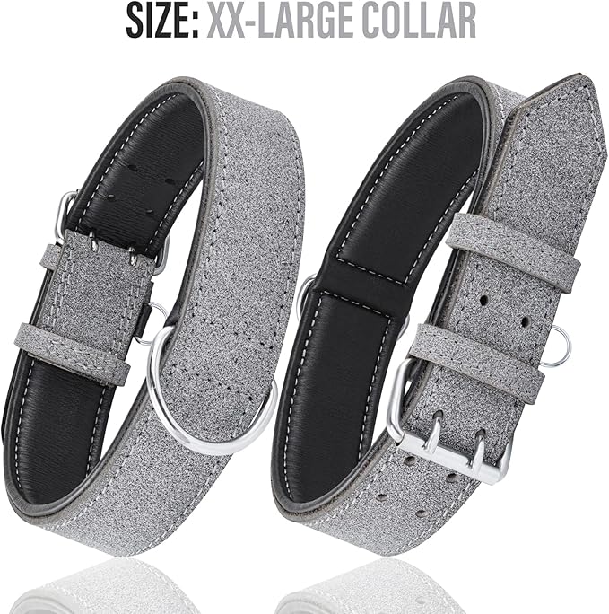 Riparo Genuine Leather Padded Dog Heavy Duty K-9 Adjustable Collar (XL: 1.75” Wide for 21”-25” Neck, Gray/White Thread)