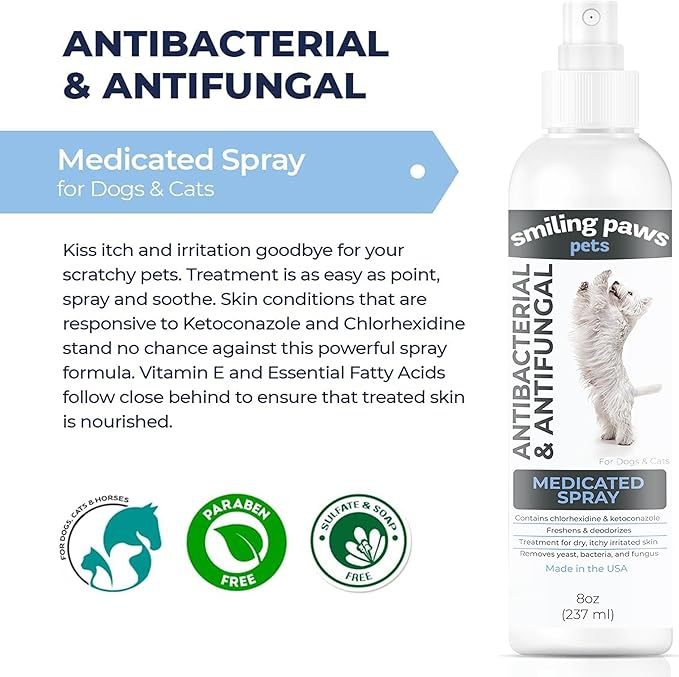 Smiling Paws Pets Advanced Chlorhexidine & Ketoconazole Spray for Cats & Dogs Spray 8oz