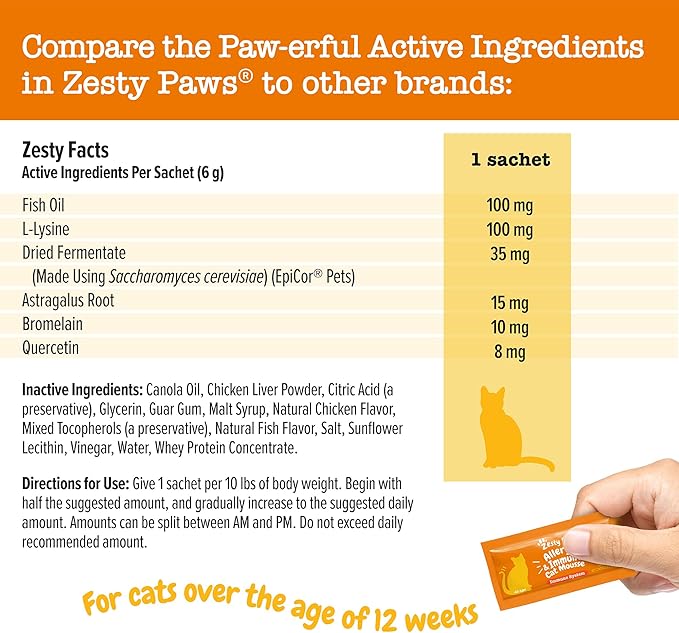 Zesty Paws Allergy & Immune Mousse - Cat Vitamins & Supplements Treats - Allergy Relief for Cats L-Lysine Squeeze up for Immunity, Skin Health & Antioxidant Support - Chicken 14ct