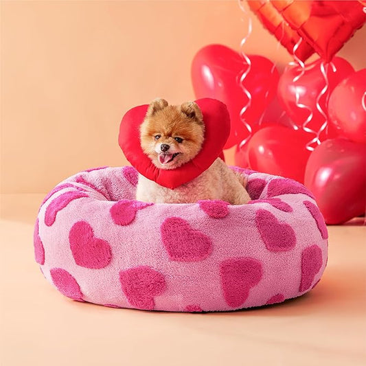 LE SURE Donut Small Dog Bed - Round Cat Beds Indoor Anti-Anxiety Calming Gift for Pets, Washable Cute Modern Beds with Jacquard Shaggy Plush & Anti Slip Bottom, 23 Inch, Heart Pink