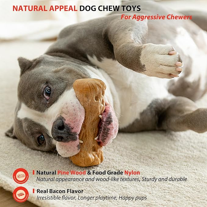 Willjoy 3-Pack Dog Toys for Aggressive Chewers, Chew Toys for Aggressive Chewers, Pine Wood & Nylon, Bacon Flavor Aggressive Chew Toys for Large Dogs, Long Lasting Dog Chews Alternative to Real Sticks