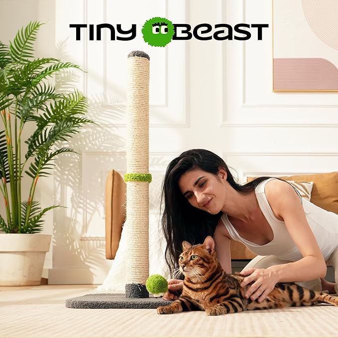 TINYBEAST 34" Tall Cat Scratching Post, Cat Scratcher Featuring Natural Sisal Rope, Cat Tree with Interactive Plush Toy Ball and Stable Base for Indoor Large Adult Cats & Kittens