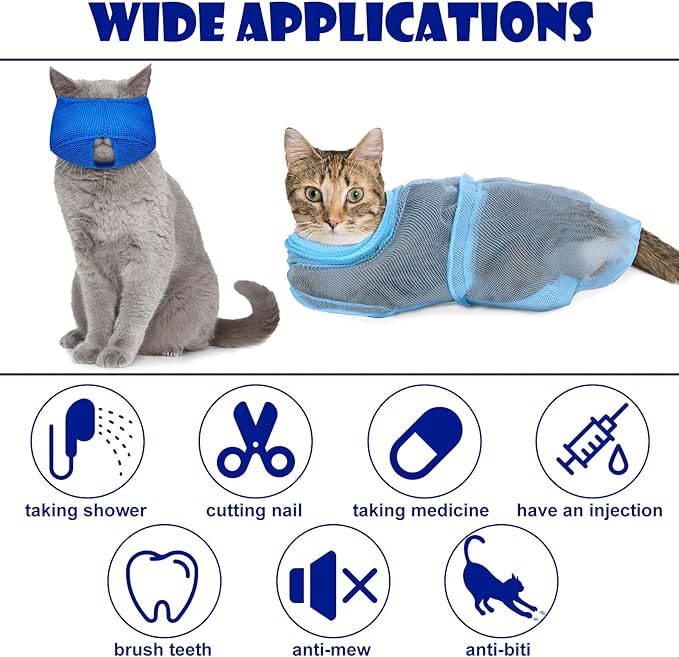 Patelai 5 Pcs Cat Bathing Bag Set Cat Grooming Bag Adjustable Pet Shower Net Muzzles Nail Clipper Tick Remover Tool Massage Brush(Blue)