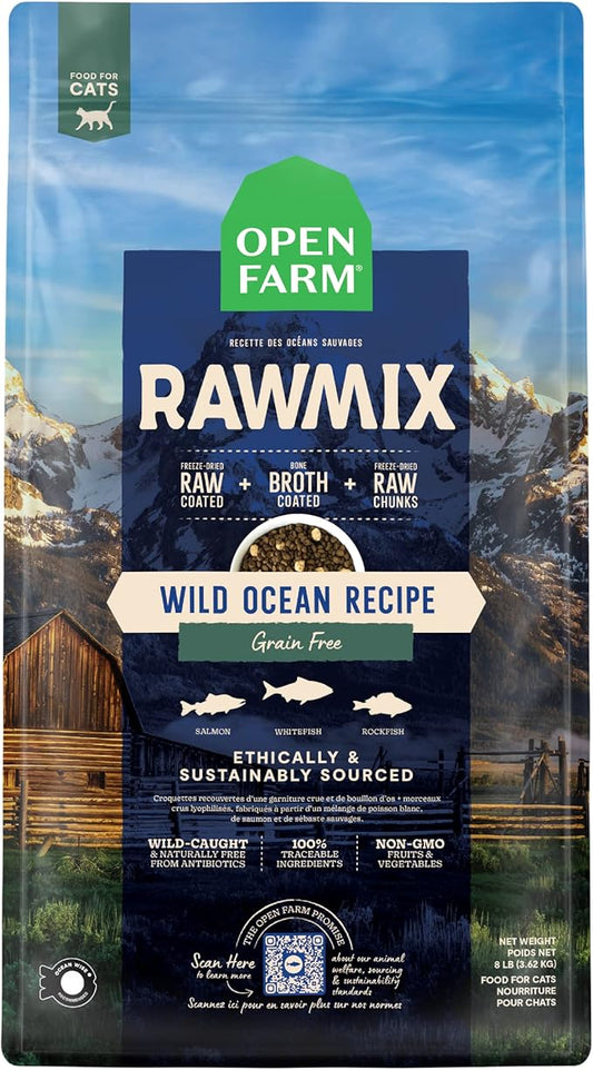 Open Farm, RawMix Dry Cat Food, Protein-Packed Kibble Coated in Bone Broth with Freeze Dried Raw Chunks, for Indoor & Outdoor Cats, Wild-Caught Whitefish, Salmon & Rockfish Recipe, 8lb Bag