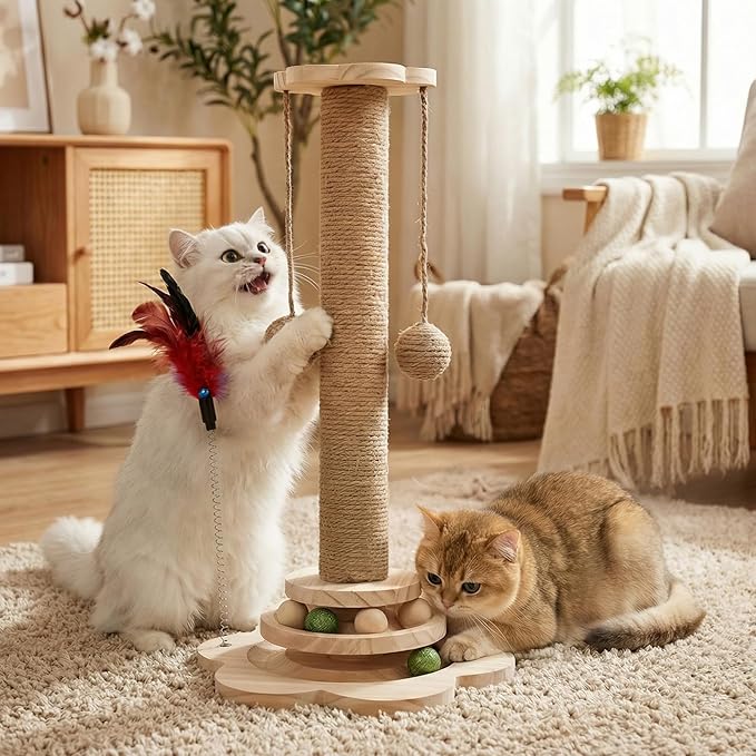 Scratching Post - 4 in 1 Cat Scratch Post, Interactive Cute Small Wooden Cat Scratcher with 2 Level Catnip Toys Balls & 2 Sisal Hanging Balls for Indoor Kitten Kitty