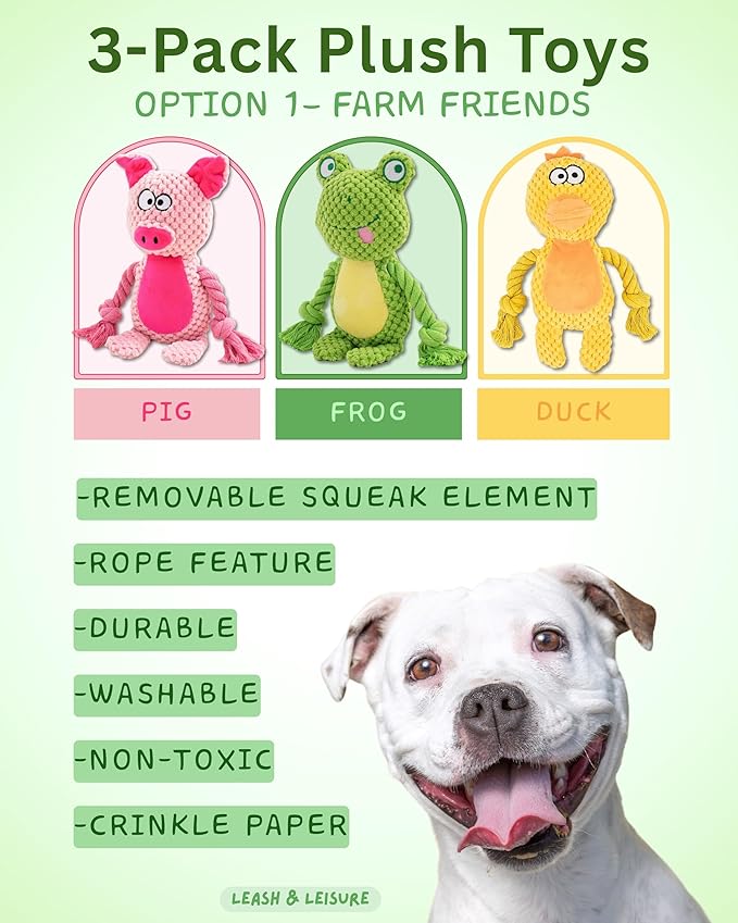 Plush Dog Toys, 3-Pack Variety Set with Squeaker, Crinkle Paper, Rope, Non-Toxic, Soft & Durable, Teething Puppy Toys- Farm Friends or Jungle Pals, 9.45 x 3.94 inches (Farm Friends)