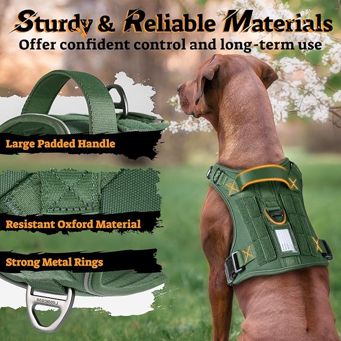 rabbitgoo Dog Harness Medium Sized No Pull, Tactical Service Pet Vest with Molle and Control Handle, Adjustable and Reflective Military Harness for Easy Walking and Training, Green, M