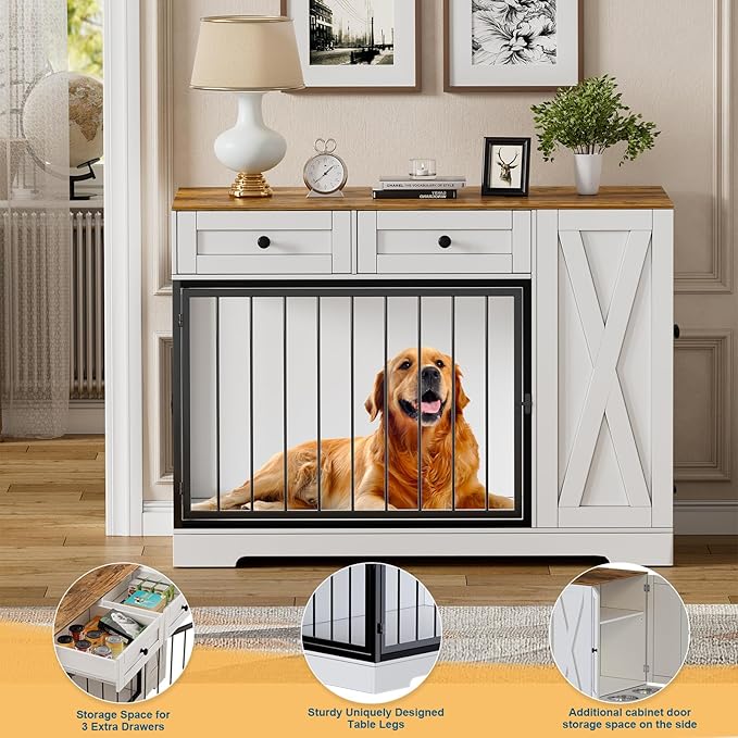 PAKASEPT Dog Crate Furniture, Dog Crate for Small to Large Dogs with Storage Cabinet and Feeder, Dog Kennel Furniture with Double Doors for Small/Medium/Large Dog