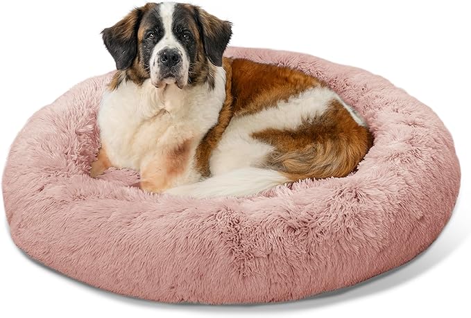 Best Friends by Sheri Original Calming Donut Dog and Cat Bed, Shag Faux Fur, Dusty Rose, XL (45in x 45in) - Anxiety Relief for Pets Up to 150 lbs