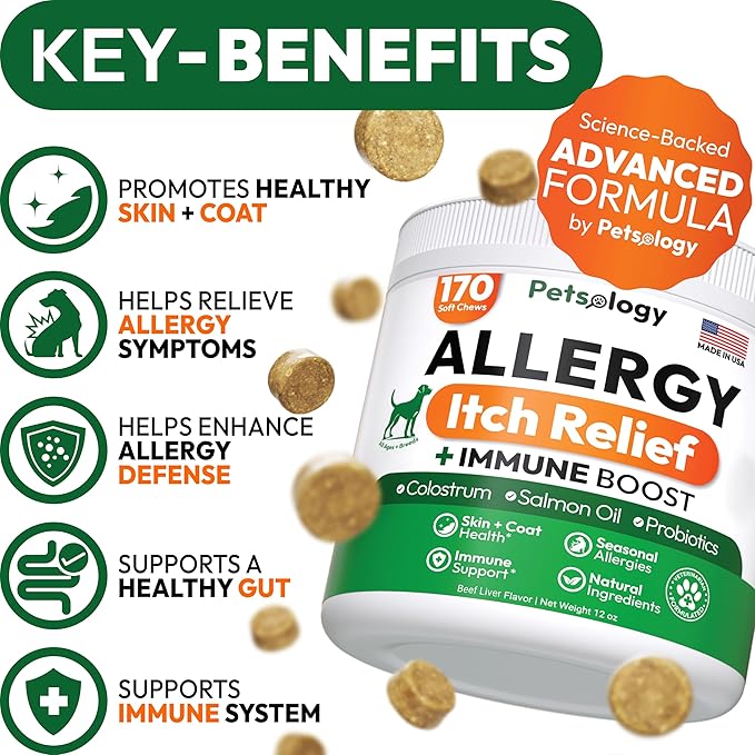 Dog Allergy Relief Chews - 170 Dog Allergy Chews - Itch Relief for Dogs - Omega 3 Fish Oil, Probiotics For Itchy Skin & Hot Spots Allergies, Paw Licking, Dry Skin & Coat Supplement - Beef Liver Flavor