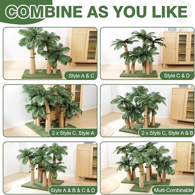 Palm Tree Cat Scratching Post, 36'' Cat Scratcher Post with Natural Sisal Rope, 5 Interactive Balls and 2 Curved Design Scratching Posts for Indoor Cats Adults and Kittens, Multi-Combinable (Style C)