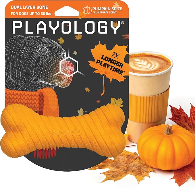 Playology Dog Toys | Dual Layer Bone Durable Chew Toy Bone for Dogs | Medium Pumpkin Spice Scented Toy - Easy to Clean and Made from Non Toxic Materials