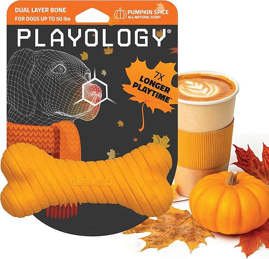Playology Dog Toys | Dual Layer Bone Durable Chew Toy Bone for Dogs | Medium Pumpkin Spice Scented Toy - Easy to Clean and Made from Non Toxic Materials