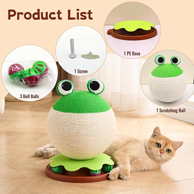 3-in-1 Modern Cat Ball Scratcher & Cat Toys for Indoor Cats/Kittens, Cute Orange/Frog/Bee Design with Bell Ball Track, Natural Sisal Cat Scratching Post, Space-Saving Interactive Cat Scratcher