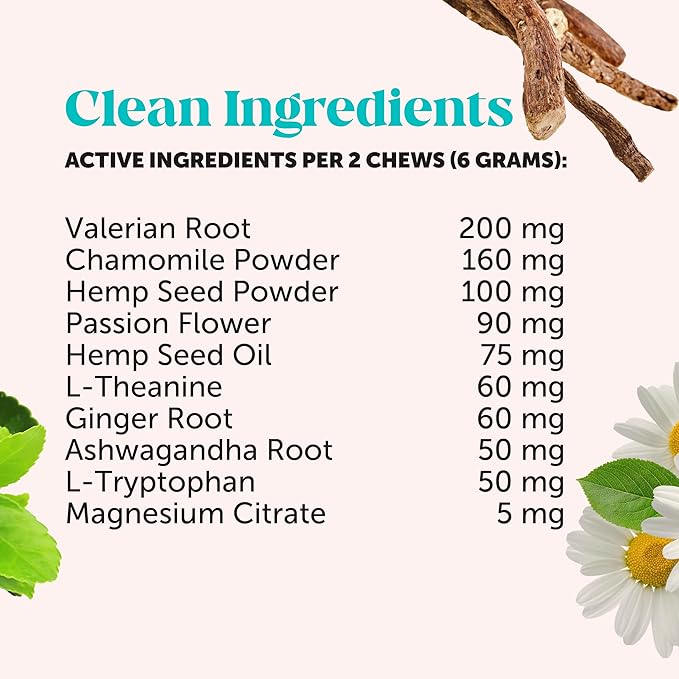 Natural Hemp Calming Chews for Dogs - Calming Aid Supplement for Occasional Anxiousness with Valerian Root, Chamomile, + Magnesium - Stress, Separation & Thunder Support - (Chicken, 90 Count)