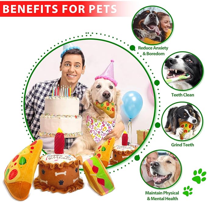 Birthday Dog Toys Crinkle Dog Toy Squeak Cake Toy Aggressive chew Toys for Puppy Sandwiches Pizza Party Dog Toy Interactive Birthday Toy with 3 Pack for Dog Birthday