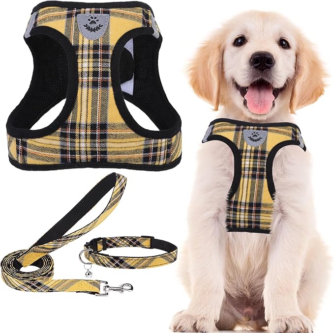 PUPTECK Adjustable Dog Harness Collar and Leash Set Step in No Pull Pet Harness for Small Medium Dogs Puppy and Cats Outdoor Walking Running, Soft Mesh Padded Reflective Vest Harnesses, Yellow, M