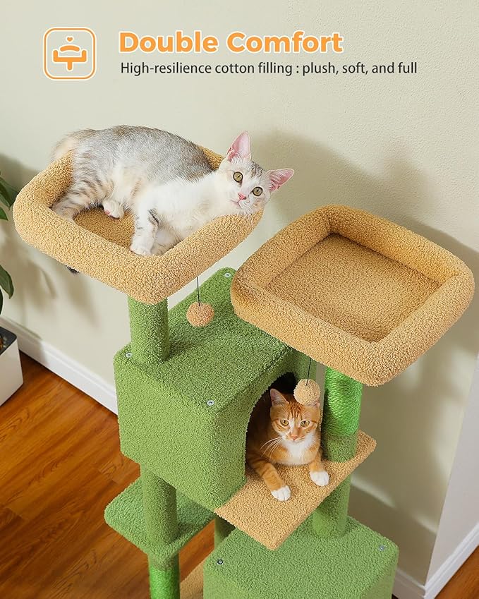 Cactus Cat Tree, 52.4" Cat Tower for Indoor Cats, Cute Cat Tree with 2 Padded Perches, 2 Condos & 2 Scratching Posts, Green