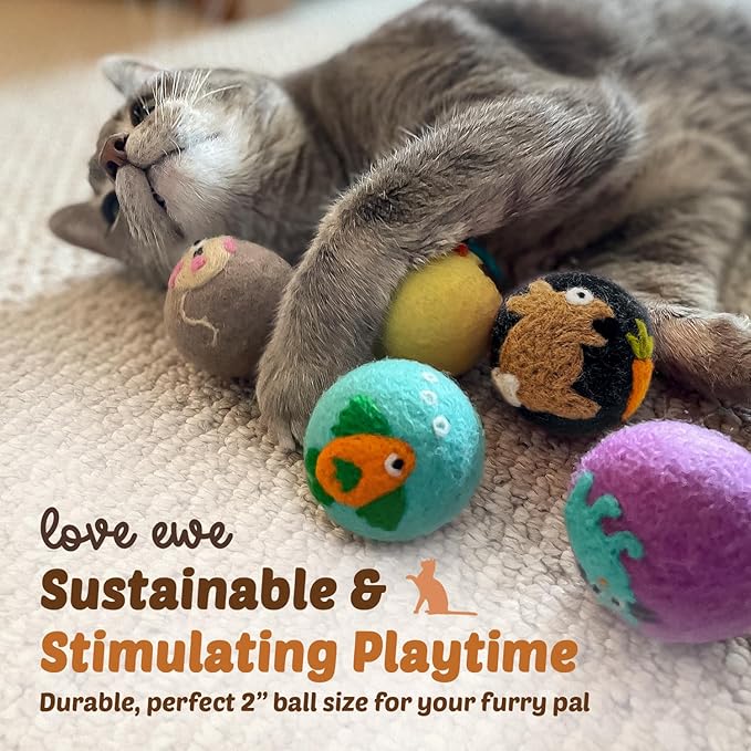 Hustle & Blush Love Ewe Felted Cat Toys 3 Pack - 2 Inch Cat & Mouse Hand Made Cute & Fun Design Kitten Wool Felt Balls for Indoor Play & Exercise - 100% New Zealand Handmade - Holiday Pet