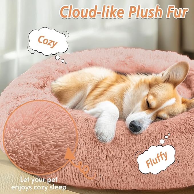 JOLLYVOGUE Calming Dog Bed Large Size Dog, Anti-Anxiety Donut Large Pet Bed, 36 inches Fluffy Faux Fur Round Cat Bed, Fits up to 75 lbs Pets (Peach Pink)