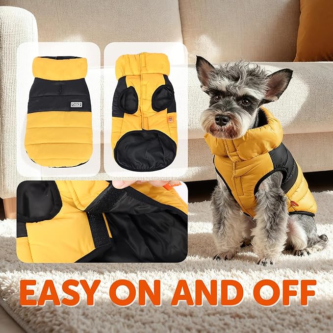 FOFOS Dog Winter Coat, Plush Dog Jacket with Leash Hole, Adjustable Warm Pet Snow Vest for Small Medium Dogs, Yellow, L