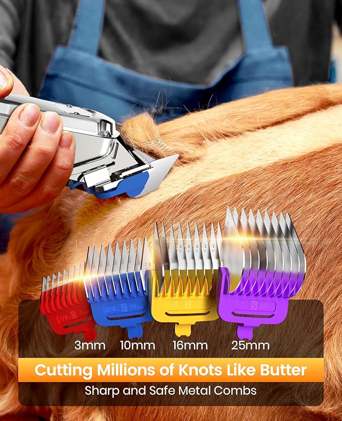 oneisall Professional Dog Grooming Clippers: Cordless Rechargeable Thick Hair Clipper with Detachable Metal Combs, Low Noise Heavy-Duty Pet Clippers for Curly/Fine/Wavy Hair, 676pro (Silver)