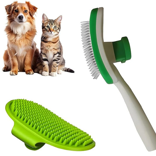 2 Pcs Self Cleaning Slicker Brush & Bath Brush For Dogs and Cats - Skin Friendly Deshedding Dog Brush Suitable For Shedding & Haired Pets, Green