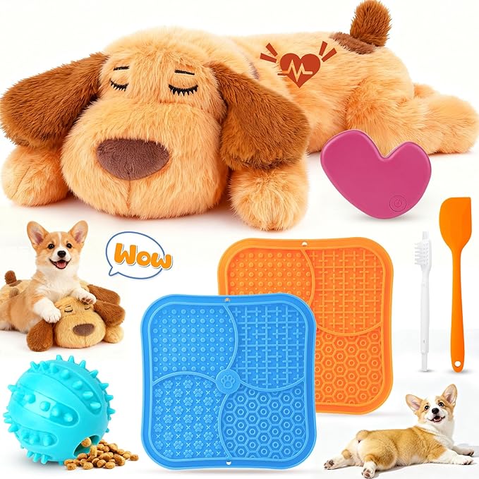 Heartbeat Puppy for Dogs, Lick Mats & Treat Ball– All-Round Calming Kit for Anxiety Relief, Sleep Aid & Behavior Training, Puppy Essentials to Keep Them Busy（4 Pcs）