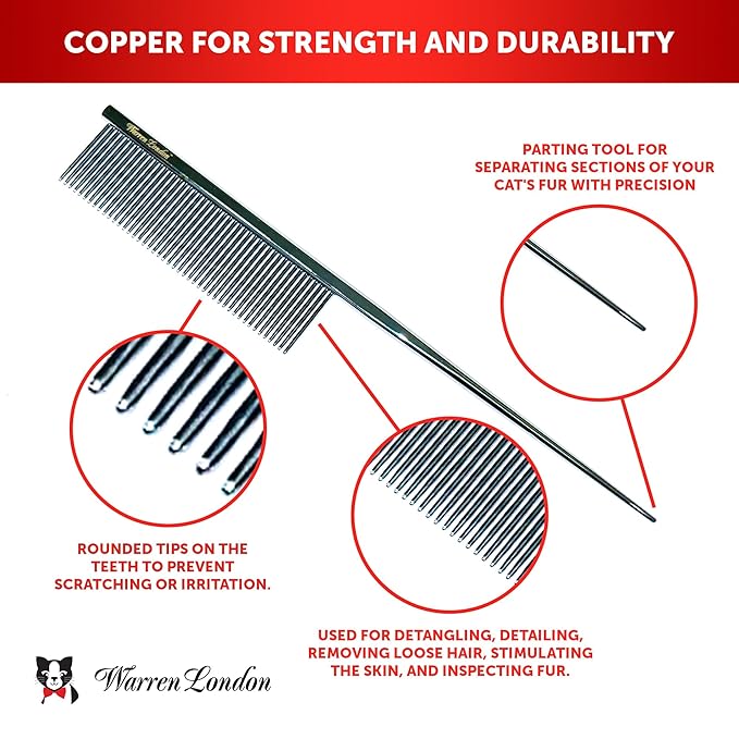 Warren London Precision Tail Comb made with Copper | 7 inches | Rounded Tips Prevent Irritation | Finishing and Fluffing Comb for Grooming Paws Face and Tail | Tear Stain Removal