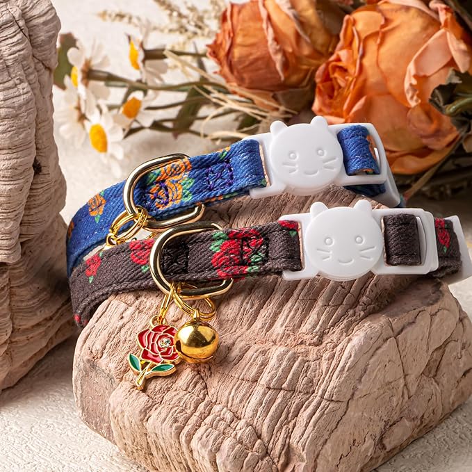 2 Pack Cotton Breakaway Cat Collar Blue and Black Rose Pendant Cute Kitten Cat Collar with Bell