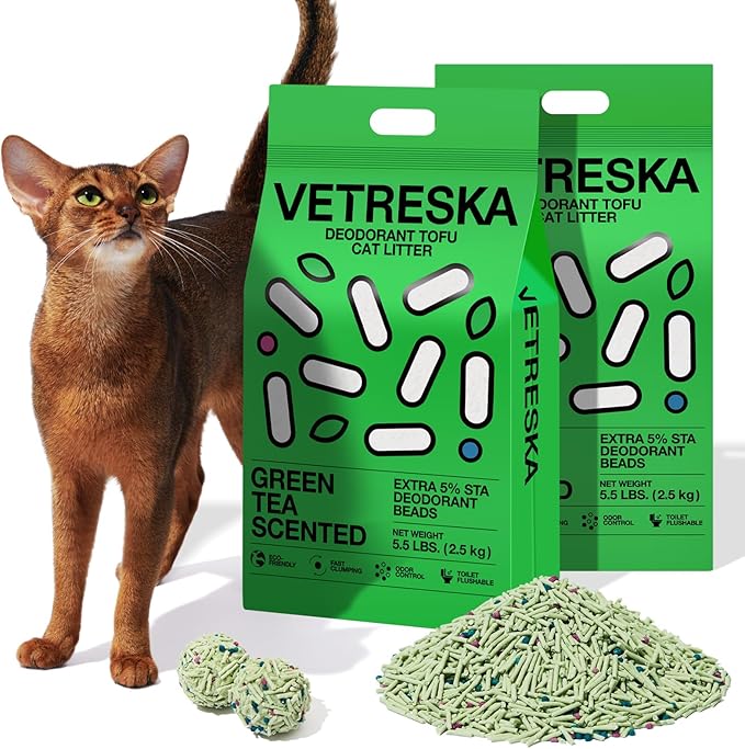 VETRESKA Tofu Cat Litter,Natural Kitty Litter Strong Clumping Flushable Cat Litter Pellets Ultra Absorbent,Odor Control,Dust-Free,Low Tracking Eco-Friendly Tofu Litter,Greentea(5.5lb×2bags)