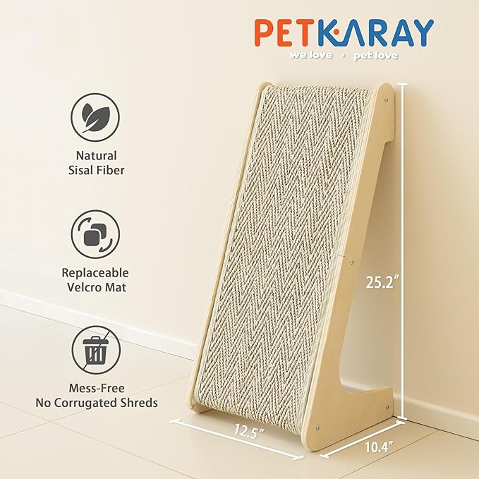 PETKARAY L Shape Cat Scratcher, Sisal Kitty Scratching Ramp, Vertical Scratch Pad for Indoor Cats, 25.2" Furniture Protector with Catnip, Chevron