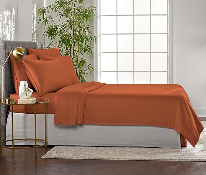 Pure Bamboo Queen Sheets, Genuine 100% Organic Viscose Derived from Bamboo Bed Sheet Set, Luxuriously Soft & Cooling, Double Stitching, 2 Year Quality Promise (Queen, Terracotta)