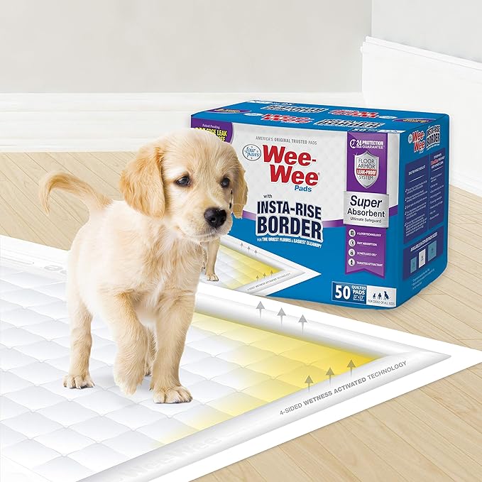 Four Paws Wee-Wee Super Absorbent Unscented Pee Pads for Dogs & Puppies with Insta-Rise Border, Leak-Proof Dog Housebreaking Potty Training Floor Protection, 22" x 23", 50 Count