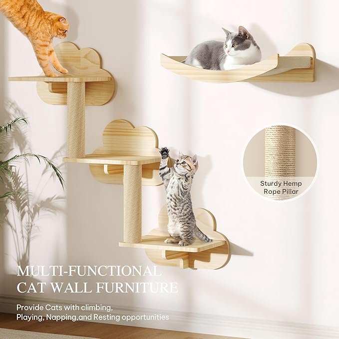 Cat Wall Shelves, 13-in-1 Solid Wood Wall-Mounted Cats Furniture Set with Scratching Post, Cat Climbing Wall Systems with 40''L Tunnel, Steps, Condos, House, Ladder, Cats Shelf Furniture