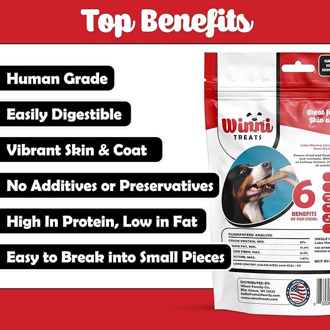 Winni Treats Freeze Dried Fish Sticks for Dogs - Single Ingredient, Preservative-Free, Premium Wild-Caught, Great Lakes Cisco Fish, High in Protein, Omega 3, Low Fat, Fish Treats for Dogs (3 Ounces)