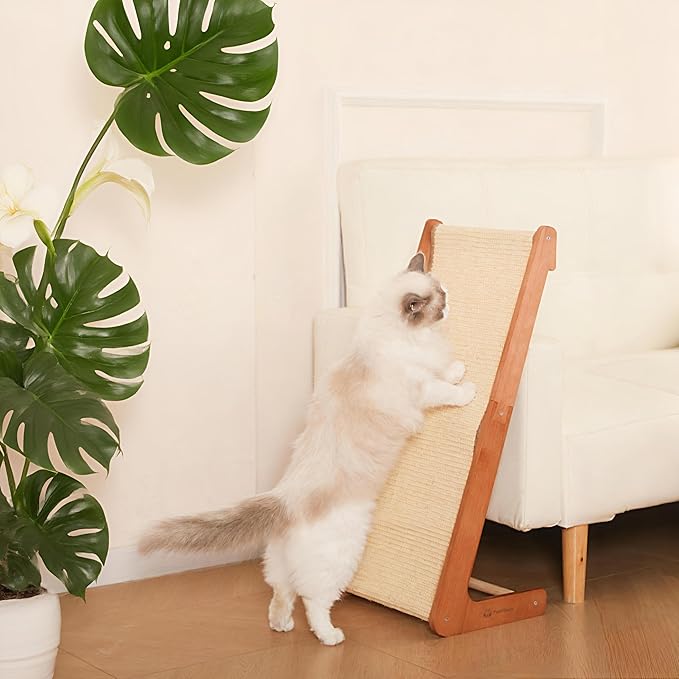 Extra-Larger-28.5" Sisal Cat Scratcher of L-Shaped Solid Wood Cat Scratching Post - Beechwood Base, Natural Sisal Woven Scratching Pad, Durable, Furniture Protector for Cats' Clawing and Play