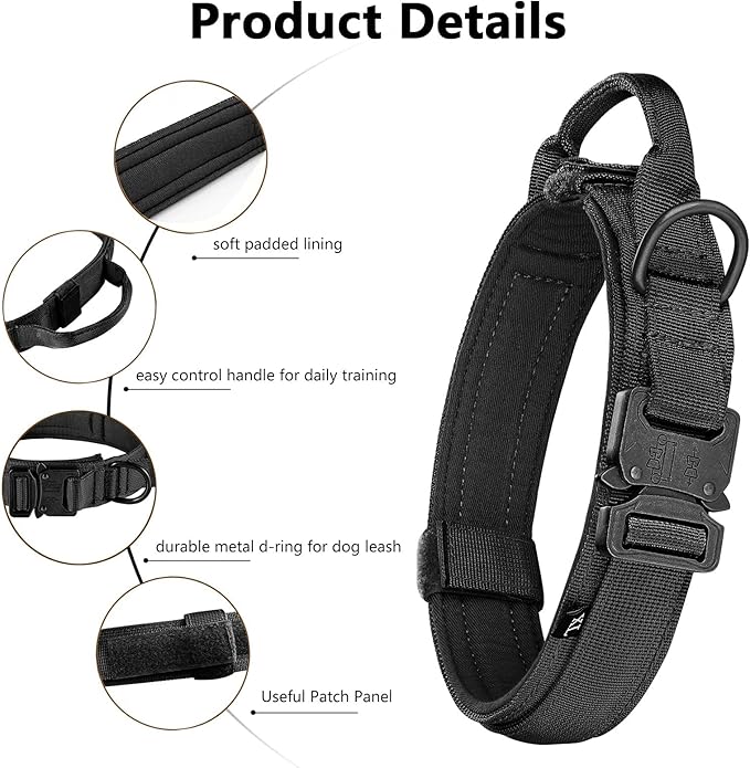 Tactical Dog Collar and Leash Set Heavy Duty Military Dog Collar with Handle and Metal Buckle for Medium and Large Dogs (Black, XL)