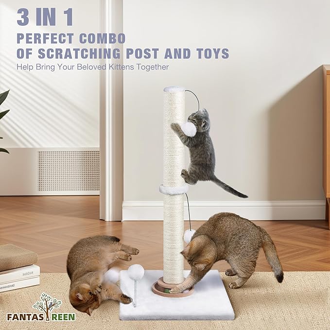 Fantasreen 31" Cat Scratching Post Kitten Toys for Indoor Cats, Interactive Cat Scratcher with Catnip Balls, Sisal Scratch Rope for Large Cats, White