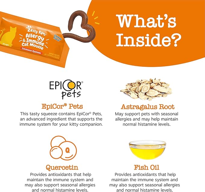 Zesty Paws Allergy & Immune Mousse - Cat Vitamins & Supplements Treats - Allergy Relief for Cats L-Lysine Squeeze up for Immunity, Skin Health & Antioxidant Support - Chicken 14ct