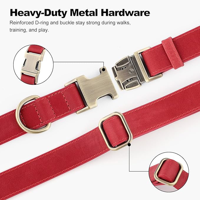 Plutus Pet Genuine Leather Dog Collar – Adjustable Pet Collar with Quick Release Metal Buckle, Soft Real Leather for Small Medium Large Dogs, Heavy Duty & Skin-Friendly (Red, S)