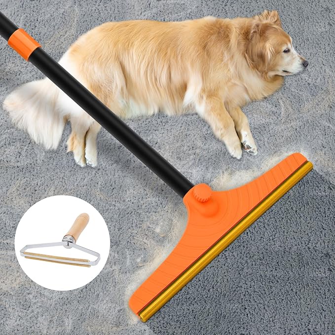Carpet Rake for Pet Hair Removal - Reusable Pet Hair Remover, 60” Adjustable Long Handle Cat Dog Carpet Rake Scraper, Dog Hair Rake Brush for Rugs, Mats, Couch