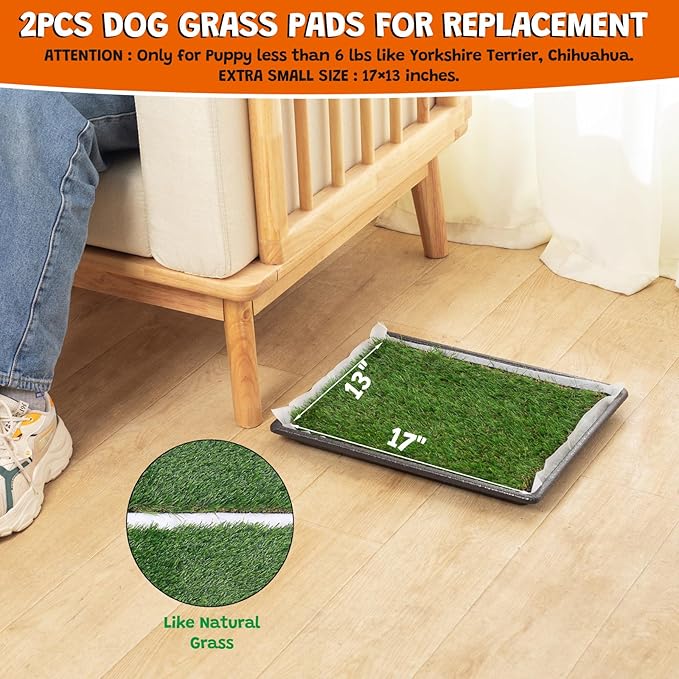 MEEXPAWS Dog Grass Pee Pads for Dogs with Tray | Extra Small 17 x 13 in for Puppy Less Than 6 lbs | 2× Artificial Grass Pads Replacement | Rapid Drainage | Indoor Dog Litter Box | Hemmed Edge