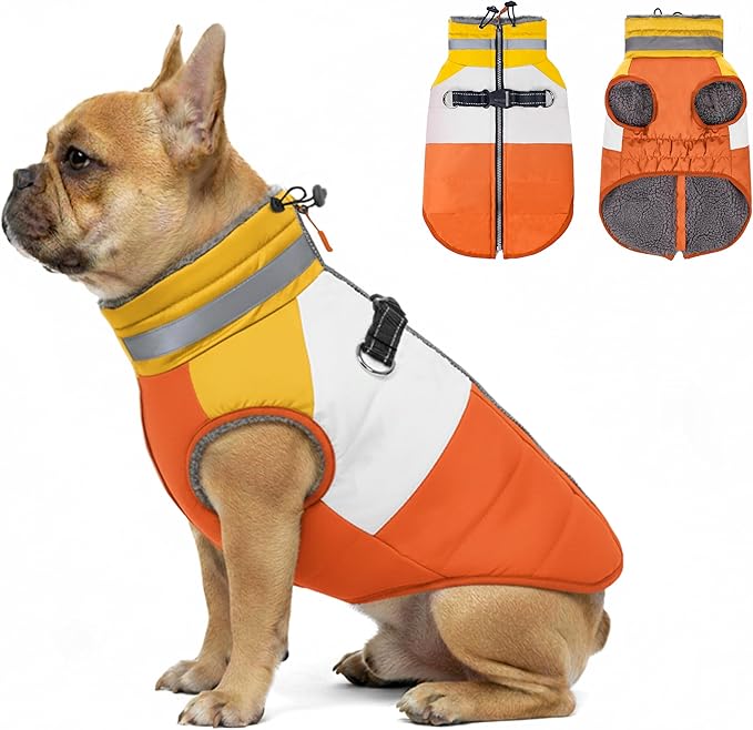 azuza Dog Jacket Waterproof Winter Coat for Small Dogs, Warm Fleece Vest with Reflective Strips & Built-in Harness, Windproof Back Zipper, Orange S