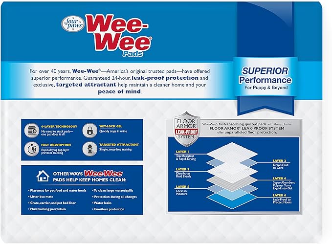 Four Paws Wee-Wee Superior Performance Unscented Pee Pads for Dogs & Puppies, Quilted Leak-Proof Dog Housebreaking Potty Training Floor Protection, 22" x 23", 50 Count