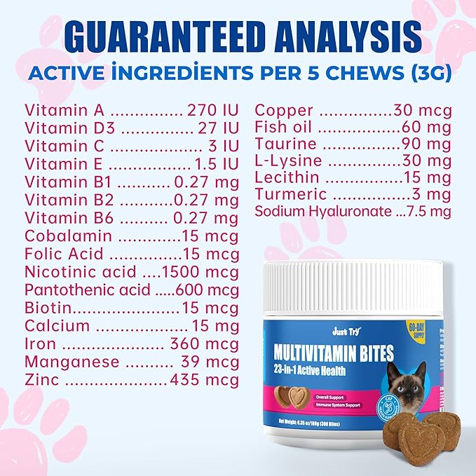 Just Try 23 in 1 Taurine for Cats Vitamins Treats with L-Lysine for Immune, Joint Support Skin & Coat & Heart Health - Multivitamin, Omega 3, Biotin Supplements for Indoor & Senior Cats - 300 Bites