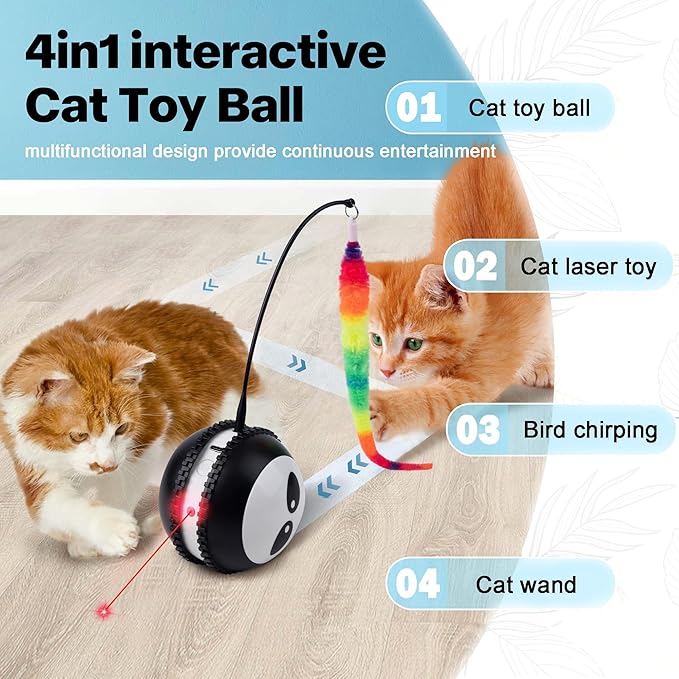 Pet Prime Interactive Cat Toy Motion Activated Cat Laser Toy Automatic Self Moving Ball with Bird Chirping,Rechargeable Exercise Stimulation Toys for Bored Black