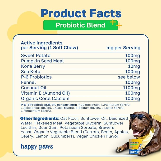 Happy Paws Probiotics for Dogs, Supplements for Gut, Skin, Coat & Immune Support for All Breeds & Ages, Made with Coconut Oil & Vitamin E, Vegan Chicken Flavor, Organic, Non GMO, 100 Soft Chews