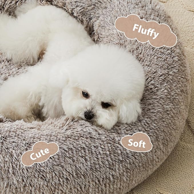 WNPETHOME Calming Dog Bed Cat Bed Donut, Faux Fur Pet Bed Self-Warming Donut Cuddler, Comfortable Round Plush Dog Beds (27 x 27 Inch, Light Coffee)
